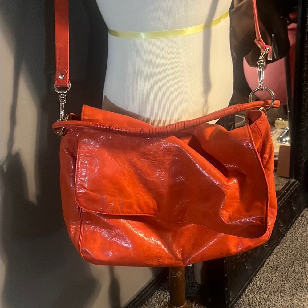 Orange Glossy Leather Shoulder Bag with Metal Hardware